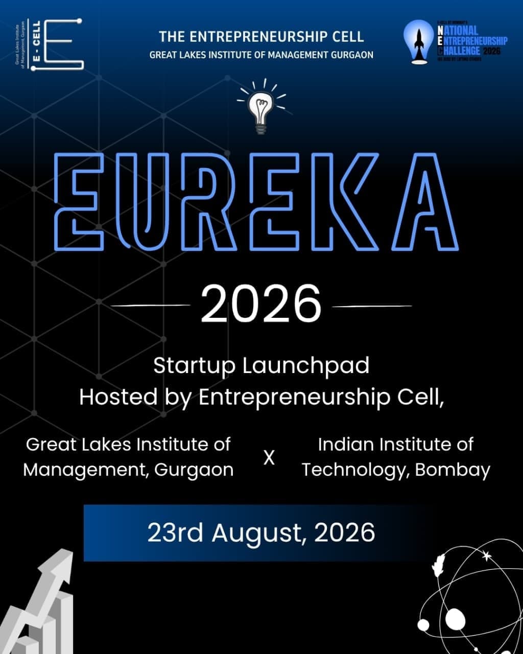Official poster for EUREKA 2026, a Startup Launchpad hosted by the Entrepreneurship Cell of Great Lakes Institute of Management Gurgaon with IIT Bombay's E-Cell